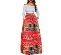 Afibi Women African Printed Maxi Skirt Flared Skirt A Line Long Skirts with Pockets S-5XL, Red Green, XX-Large
