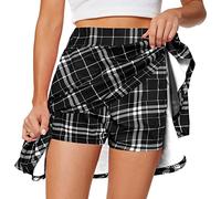 Afibi Women's Casual Basic Versatile Flared Pleated Mini Skater Skirt with Shorts, Black Plaid, XX-Large