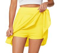 Afibi Women's Casual Basic Versatile Flared Pleated Mini Skater Skirt with Shorts, Yellow, Large
