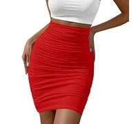 Afibi Women's Elastic High Waist Ruched Bodycon Stretch Club Pencil Midi Skirt, Red, S