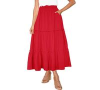 Afibi Womens High Waist A Line Ruffle Swing Long Maxi Skirt with Pockets, Red, Medium