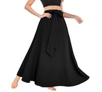 Afibi Women's High Waist Skirt Tie Front A-Line Flowy Long Maxi Skirts with Pockets, Black, Large