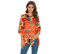 Afibi Womens Print Shirt African Dashiki 3/4 Sleeve Boho Loose Tunic Tops - Red - X-Large