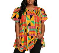 Afibi Womens Print Shirt African Dashiki Short Sleeve V Neck Loose Tunic Tops