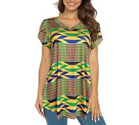 Afibi Womens Print Shirt African Dashiki Short Sleeve V Neck Loose Tunic Tops, Golden, S