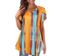 Afibi Womens Print Shirt African Dashiki Short Sleeve V Neck Loose Tunic Tops, Orange, M