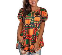 Afibi Womens Print Shirt African Dashiki Short Sleeve V Neck Loose Tunic Tops, Red Green, S