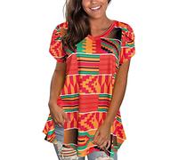 Afibi Womens Print Shirt African Dashiki Short Sleeve V Neck Loose Tunic Tops, Red, Medium