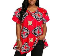 Afibi Womens Print Shirt African Dashiki Short Sleeve V Neck Loose Tunic Tops, Red Yellow, XXL
