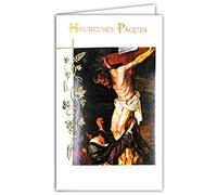 Afie 12-690-B Glossy Gold Happy Easter Card with White Envelope - Jesus Christ Dead Cross Wheat Bread Grape Wine Vine Party Catholic Spring