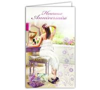 AFIE 15-6520 Happy Birthday Card with Envelope for Young Girl Woman Beautiful Pretty Making Beauty at Her Dressing Table Makeup Mirror Pink Flowers Purple - Made in Europe