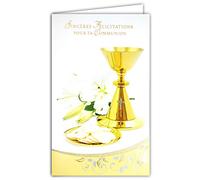 Afie 19-632 Congratulations on Your Communion Gold Silver Shiny Osties Cross Cut White Lily Flowers Spring Party Card with Envelope