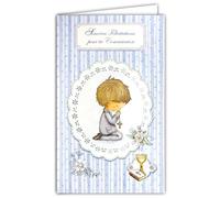 AFIE 19-641 Card Holder with Envelope Sincere Congratulations on Your Communion Boy Christian Catholic Cross Bible Wine Cup Chalice Ciborium Blue Flowers Illustration - Made in Europe