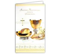AFIE 19-650 Money Holder Card with Envelope Sincere Congratulations on Your Eucharistic Communion Christian Cross Catholic Gold Shiny Gold Wheat Bread Wine Fish Chalice Cup Ciborium