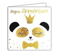 Afie 22067 Happy Birthday Card Panda in Shiny Gold - Square Card 145 x 145 mm with Envelope - Made in France, Crown, King, Queen, Princess, Bow Tie and Stars