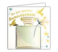 Afie 22068 Happy Birthday Card in Shiny Gold - Square Card 145 x 145 mm with Envelope - Made in France, Fragrance, Flowers, Grains, Birds, Freedom, Women, Girl;
