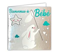 Afie 22112 Card with Square Envelope 15 x 15 cm Welcome to Baby Boy or Girl Congratulations for Birth or Adoption Sky Shiny Silver Textured Rabbit Design - Made in France