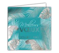 Afie 23037 Square Happy New Year Best Greetings Card Shiny Silver Leaves Palm Trees Banana Monstera Tropical Exotic Christmas Card with White Envelope