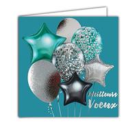 Afie 23047 Square Happy New Year Best Greeting Card Silver Balloons Helium Budget Star Christmas Card with White Envelope