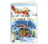 Afie 61-5673 Merry Christmas Card with Envelope and Gilding in Shiny Gold Sparkling Sleigh Reindeer Santa Claus Distribution Gifts for Smoking Fireplace House Under Snow Trees
