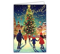 AFIE 61-5845 Merry Christmas Card Glossy Gold and White Envelope Size 12 x 17.5 cm - Ice Rink and Tree Decorated in the City - Made in France