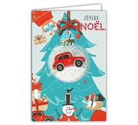 Afie 61-6040 Merry Christmas Card with Envelope and Collage Embossed Red Car Snow Globe in Gold Shiny Sparkling Sparkling Ribbons Gifts at the Foot of the Tree Green Snowman