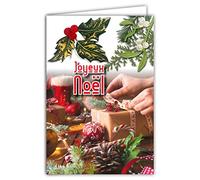 Afie 61-6044 Merry Christmas Card with Envelope and Collage Embossed Holly Leaves in Gold Shiny Sparkling Red Berries Mistletoe Gift Packaging Pine Cone Ball Cane Boot