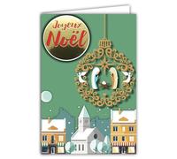 Afie 61-6048 Merry Christmas Card with Envelope and Collage in Relief Nativity Scene in a Shiny Gold Ball Sparkling Jesus Mary Joseph Angels Star Shepherd Church City Mess Eve
