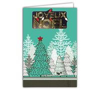Afie 61-6052 Merry Christmas Card with Envelope and Collage Embossed in Shiny Gold Glitter String Lights Sea Green Trees White Trees Forest Under Snow Squirrel Winter