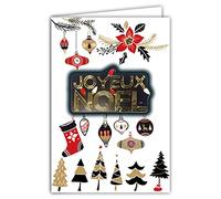 Afie 61-6053 Merry Christmas Card with Envelope and Collage Embossed Shiny Gold Glitter String Lights Balls Decorations Trees Poinsettia Star Stocking Gifts Santa