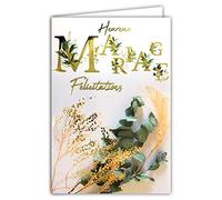 Afie 63-1150 Happy Wedding Card in Shiny Gold with Envelope - Made in France - Bohemian Chic Dried Flowers Eucalyptus Gramine