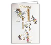 Afie 63-1151 Happy Wedding Congratulations Card in Shiny Gold with Envelope Included - Made in France - Bohemian Chic Dried Flowers Eucalyptus Roses Peony