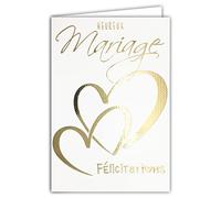 Afie 63-1154 Happy Wedding Congratulations Card with 2 Hearts in Gold Shiny Sparkly Chic - Includes Envelope - Made in France