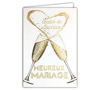 Afie 63-1155 Happy Wedding Congratulations Card with 2 Champagne Flutes Heart of Happiness Bubbles in Gold Shiny Sparkly Chic - Envelope Included - Made in France
