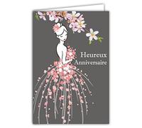 Afie 65-1333 Happy Birthday Card for Young Girl Woman Illustration Pink Flower Dress Princess Fairy Dancer - Envelope Included - Made in France
