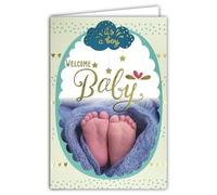 Afie 66-1156 Card Congratulations to Parents Welcome Baby Boy Blue Gold Golden Barefoot Clouds Stars Cute Hearts Made in France