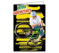 Afie 67-1250 Happy Birthday Card with Envelope for Young Boys, Sporty Men, Who Love Cross, 2 Wheels, Mountain Bike, BMX Extreme Figures, Tire Trainers, Sneakers