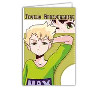 Afie 67-1254 Happy Birthday Card with Envelope for Young Boy Teens Who Love the Universe Japanese Nippon Character Heroes Manga Cartoon Country Rising Sun Blonde with Green Eyes Maximum First Name