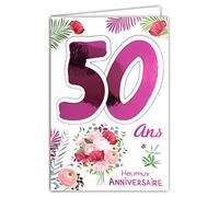 Afie 69-2135 50th Birthday Woman Birthday Card with Envelope Fuchsia Pink Shiny Bouquet Flowers