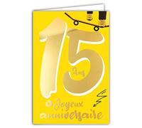 Afie 69-2415 15th Birthday Card in Shiny Gold Embossed Textured for Teens Boys Girls - Coloured Text Suitable for Age Inside - Envelope Included - Made in France - ColourAges