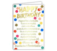 Afie 69-3036 Happy Birthday Card Large Text Gold Gilt Words Shining Conffeti Dots Delivered with Envelope Assorted Colours Card Format 11.5 x 17 cm Made in France