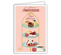 Afie 69-4308 Happy Birthday Card with Envelope for Girl Woman Gourmet - Mini Posters Size 17 x 11.5 cm - Cake Stand, Pastry, Fruit, Tea Room, Coffee Shop Retro Vintage