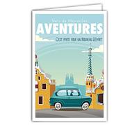 Afie 69-4341 Leaving to New Adventures Card with Envelope Mini Poster Size 17 x 11.5 cm Retirement Moving Life Travel Barcelona Spain Car Retro Vintage Blue