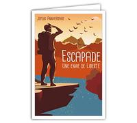 Afie 69-4361 Happy Birthday Card with Envelope - Mini Poster 17 x 11.5 cm Retro Vintage Style Graphic Illustration - Escape of Freedom Hiking Sunset