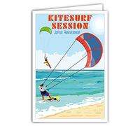 Afie 69-4363 Happy Birthday Card with Envelope - Mini Poster 17 x 11.5 cm Retro Vintage Style Graphic Illustration - Kitesurf, Water Sport, Sea, Ocean, Waves Wind, Beach, Sand