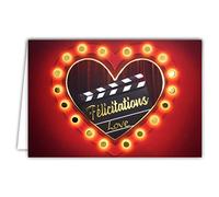 AFIE 69-5146 Congratulations Couple Love Heart Red and Gold Shiny Lights Cinema Clap Filming Film Wedding Anniversary PACS Horizontal Format with White Envelope 17.5 x 12 cm