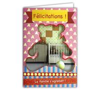 AFIE Congratulations Card for Birth or Adoption Baby Girl with Glitter and Pink Envelope 12 x 17.5 cm The Family Grows and Perforation Cut Out Teddy Bear 66-1017-B