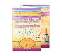 Afie D8377 Happy Birthday Card with Glitter and Envelope Yellow Party Musical Notes Cake Gifts Bouquet of Flowers Tulips Flutes Wine Champagne