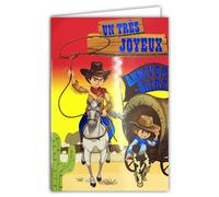 AFIE Glitter Card Happy Birthday Boy Cowboy on Horseback Yellow Envelope 12 x 17.5 cm Costume Lasso Hat Scarf Country Trailer Western Wild West Desert Cactus 67-1089-B