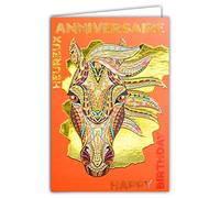 AFIE Happy Birthday Double Card with Gold Gilding Horse Motif - Best Wishes - Envelope Included - Original Message - Made in France 69-4018